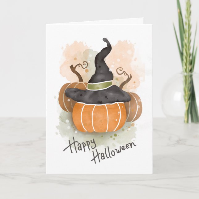 Halloween Pumpkin with Witch Hat  Card (Front)