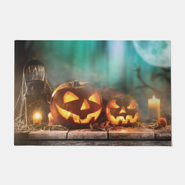 Halloween pumpkins and bats   doormat (Front)