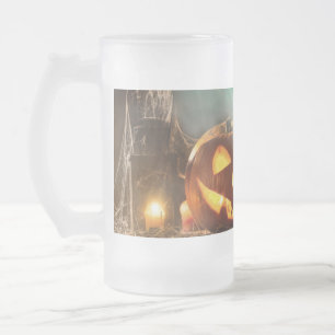 Halloween pumpkins and bats   frosted glass beer mug