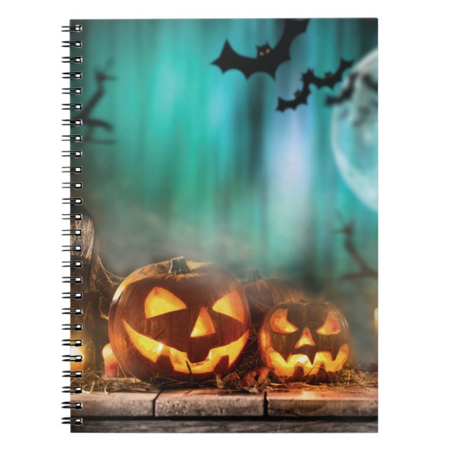 Halloween pumpkins and bats   notebook (Front)