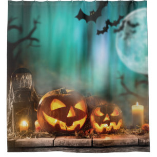 Halloween pumpkins and bats shower curtain