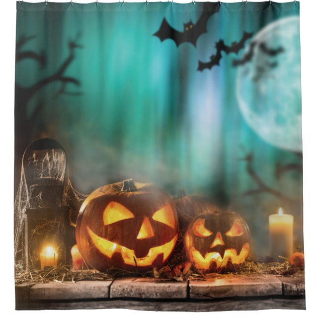 Halloween pumpkins and bats   shower curtain (Front)