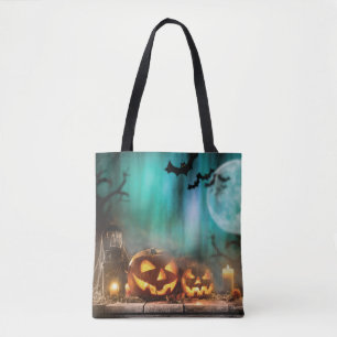 Halloween pumpkins and bats tote bag
