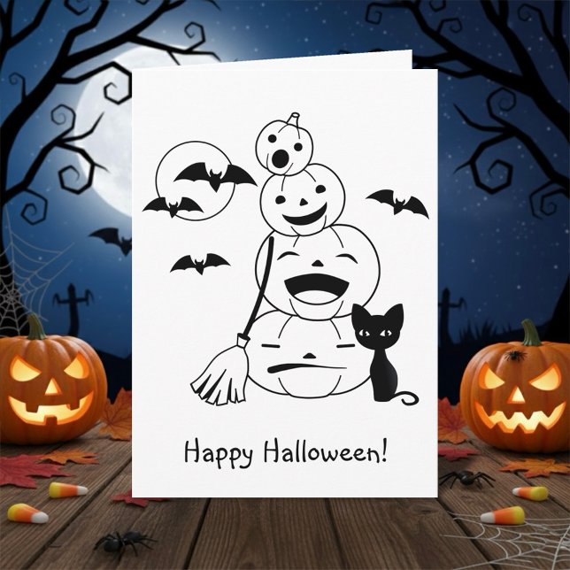 Halloween Pumpkins and Black Cat Doodle Colour Me Card (Creator Uploaded)