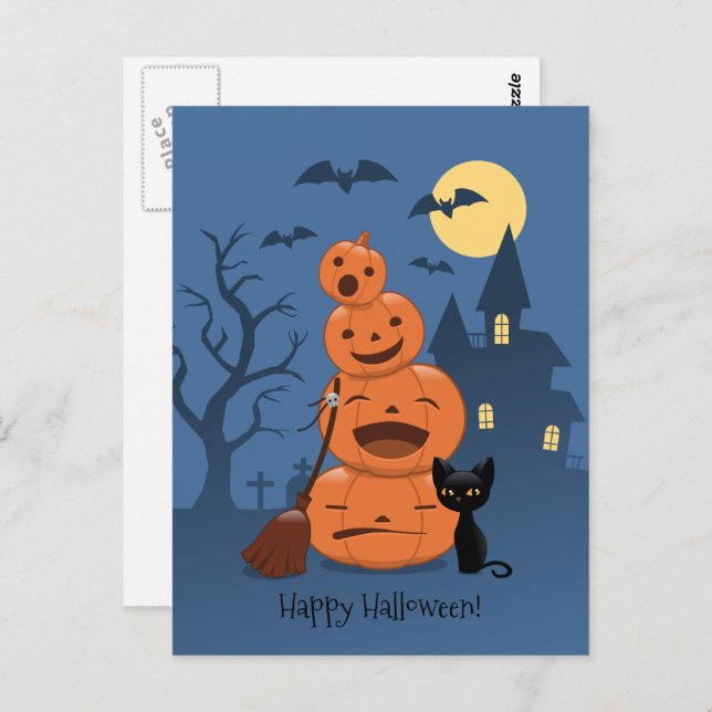 Halloween Pumpkins and Black Cat Postcard (Front/Back)