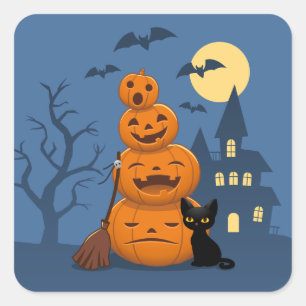 Halloween Pumpkins and Black Cat Square Sticker
