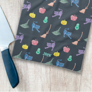 Halloween pumpkins and cats, customisable tea towel