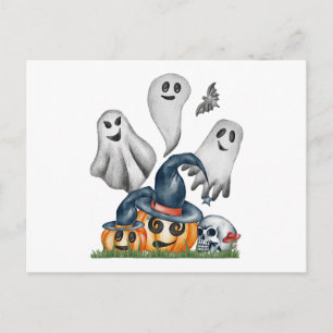 Halloween Pumpkins and Ghost Holiday Postcard
