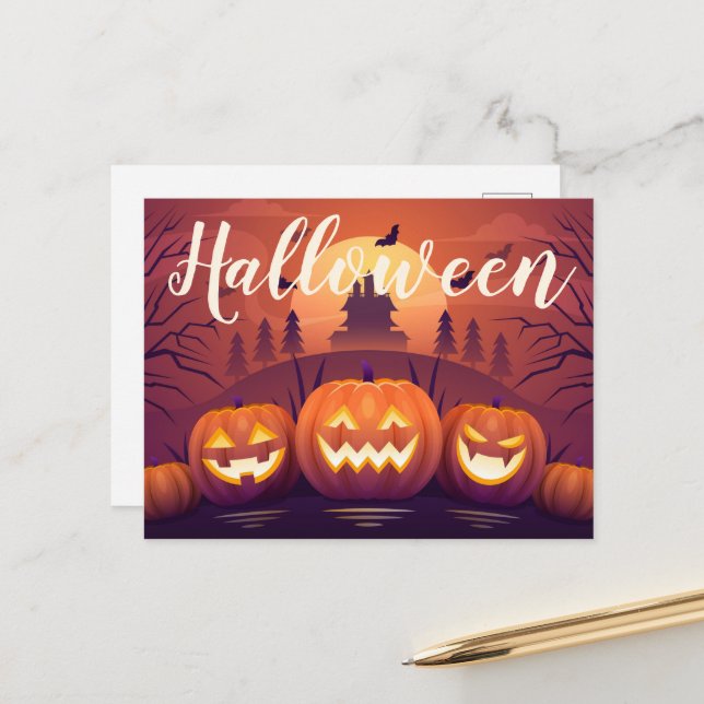 Halloween Pumpkins and Haunted House Postcard (Front/Back In Situ)