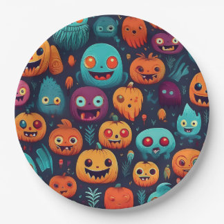Halloween pumpkins and monsters paper plate