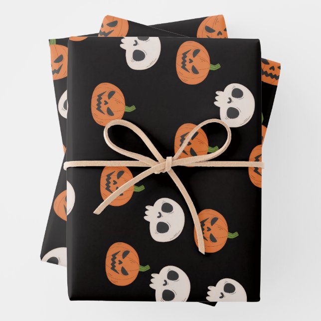 Halloween Pumpkins and Skulls Pattern Wrapping Paper Sheet (In situ)