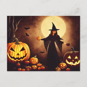 Halloween. pumpkins and witch at full moon. postcard