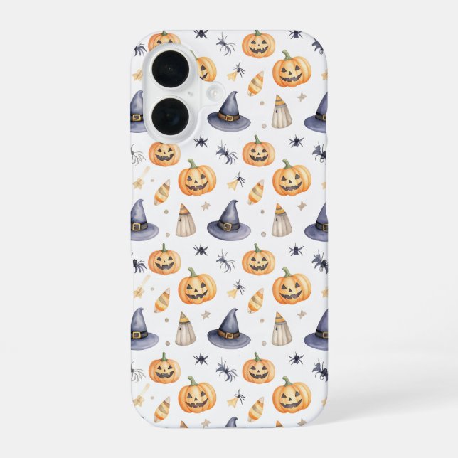Halloween Pumpkins and Witch Hats Pattern iPhone 16 Case (Back)