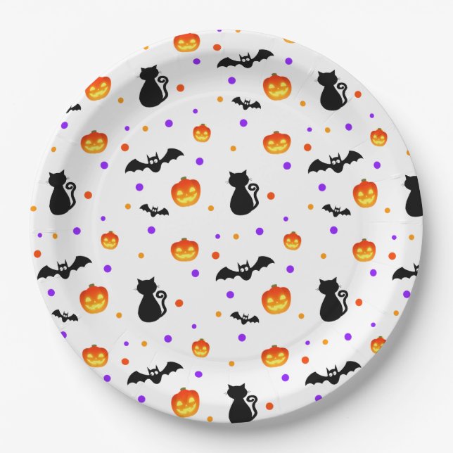 Halloween pumpkins, bats & cats on white paper plate (Front)
