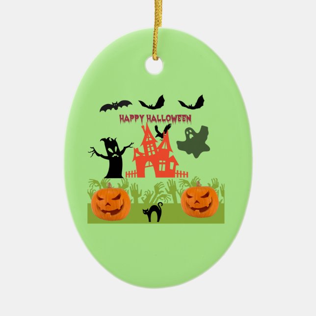 Halloween Pumpkins, Bats, Frightful Tree and Ghost Ceramic Tree Decoration (Front)