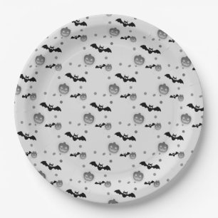 Halloween pumpkins & bats on grey shades paper plate