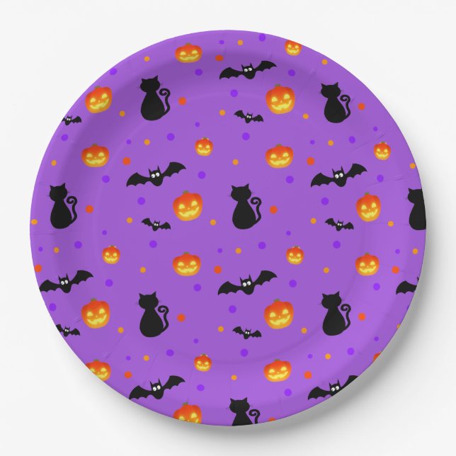 Halloween pumpkins & bats on purple paper plate (Front)