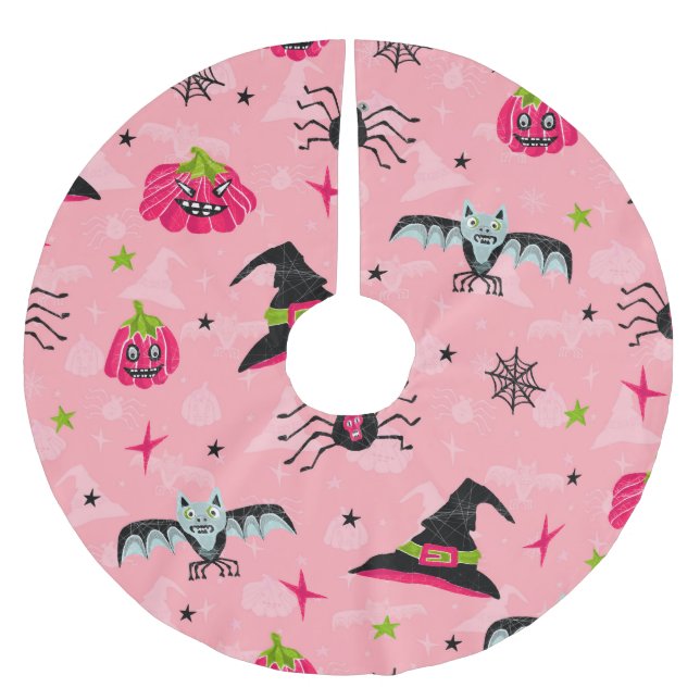 Halloween pumpkins, bats: seamless background. brushed polyester tree skirt (Front)