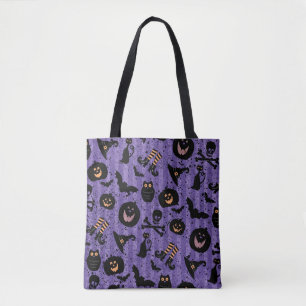 Halloween Pumpkins Bats Skulls Witch Boots Purple Tote Bag