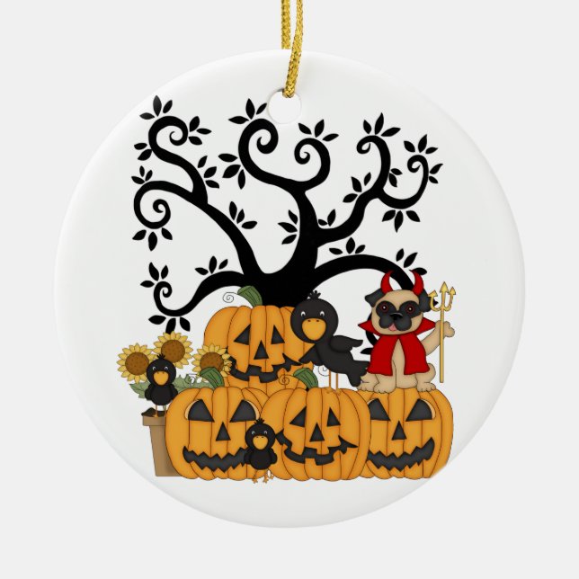 Halloween Pumpkins, Black Birds and Pug Dog Ceramic Tree Decoration (Front)