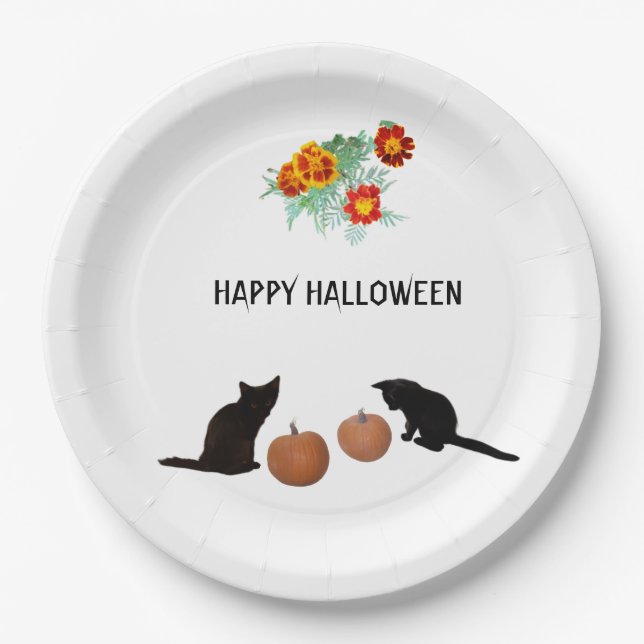 Halloween Pumpkins, Black Cats, Marigolds  Paper Plate (Front)