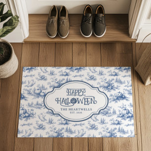 Halloween Pumpkins Blue Toile Pattern Name Year Doormat
