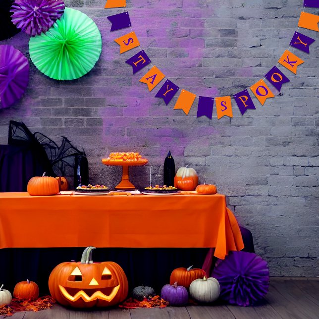 Halloween Pumpkins Bunting (Customizable Halloween Bunting Flags. "Stay Spooky" written on orange and purple background)