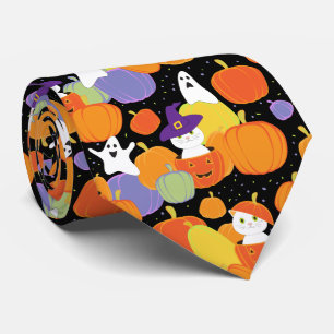 Halloween pumpkins cats and ghosts colorful tie
