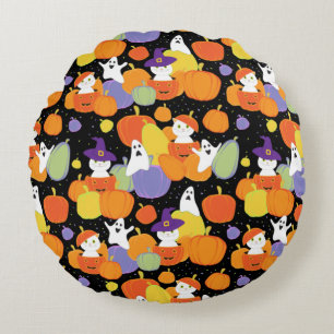 Halloween pumpkins cats and ghosts colourful round cushion