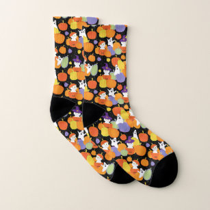 Halloween pumpkins cats and ghosts colourful socks