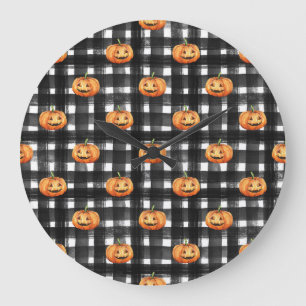 Halloween Pumpkins: Chequered Charm. Large Clock