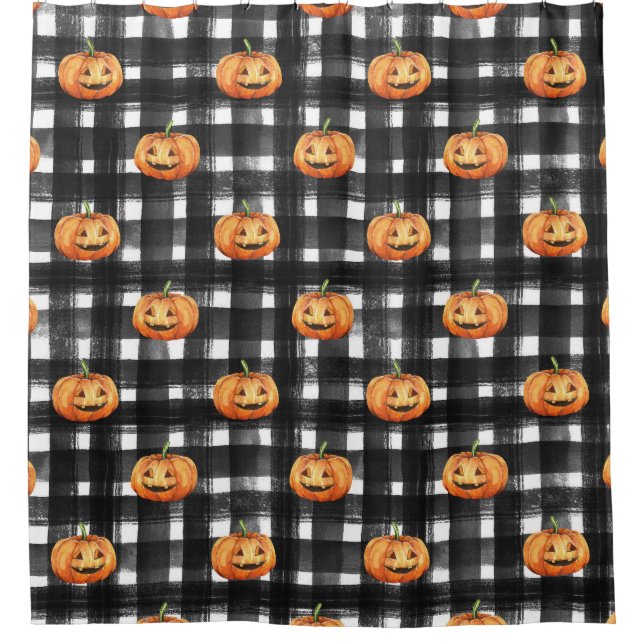 Halloween Pumpkins: Chequered Charm. Shower Curtain (Front)