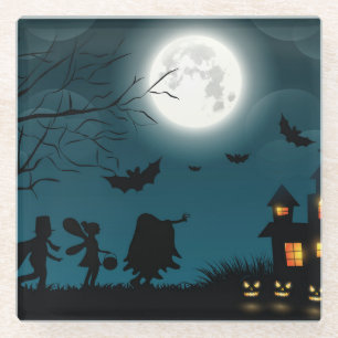 Halloween Pumpkins: Dark Castle Blue Moon Glass Coaster