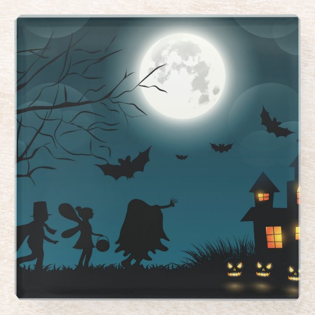 Halloween Pumpkins: Dark Castle Blue Moon Glass Coaster (Front)