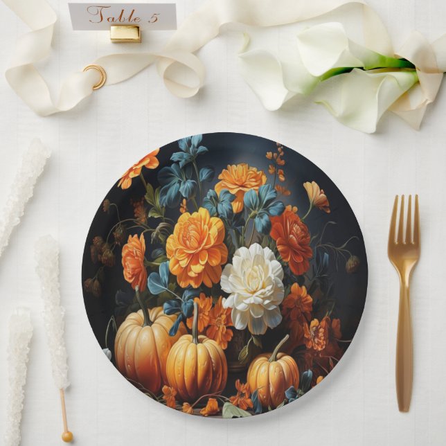 Halloween Pumpkins Flowers Paper Plate (Wedding)