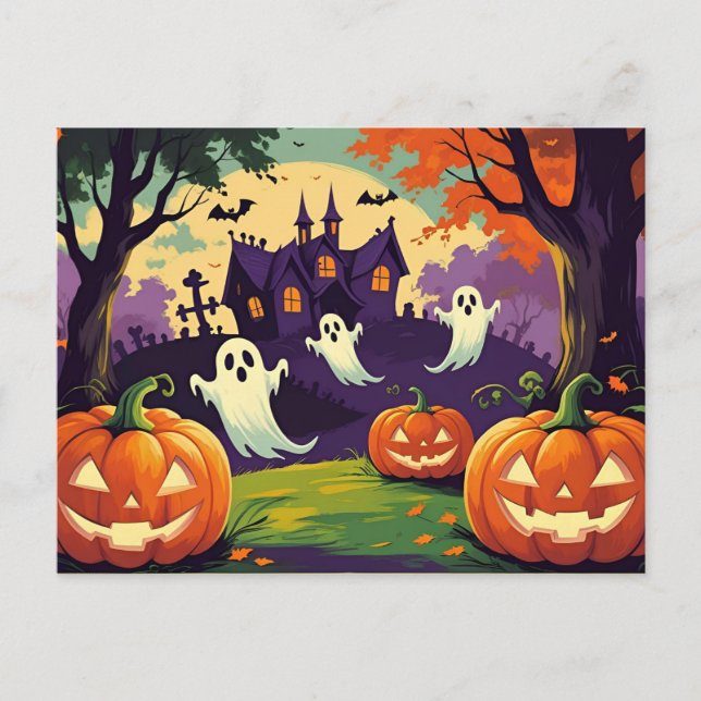 Halloween Pumpkins, Ghost and Haunted House  Holiday Postcard (Front)