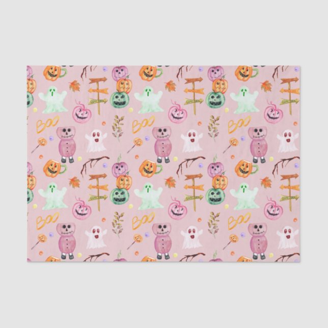 Halloween Pumpkins, Ghost, Monsters Pink  Tissue Paper (Front)