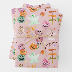 Halloween Pumpkins, Ghost, Monsters Pink Wrapping Paper Sheet