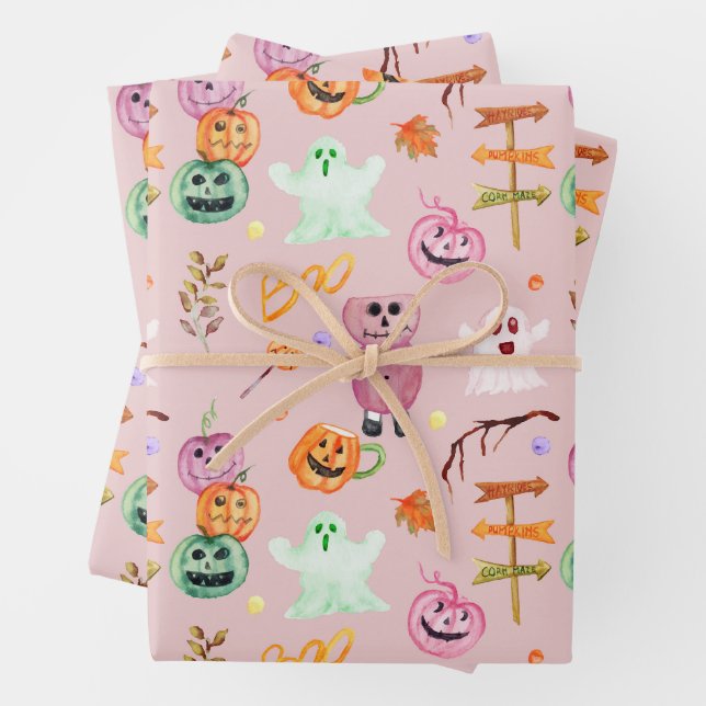 Halloween Pumpkins, Ghost, Monsters Pink  Wrapping Paper Sheet (In situ)