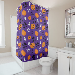 Halloween pumpkins ghosts bats fun purple pattern shower curtain