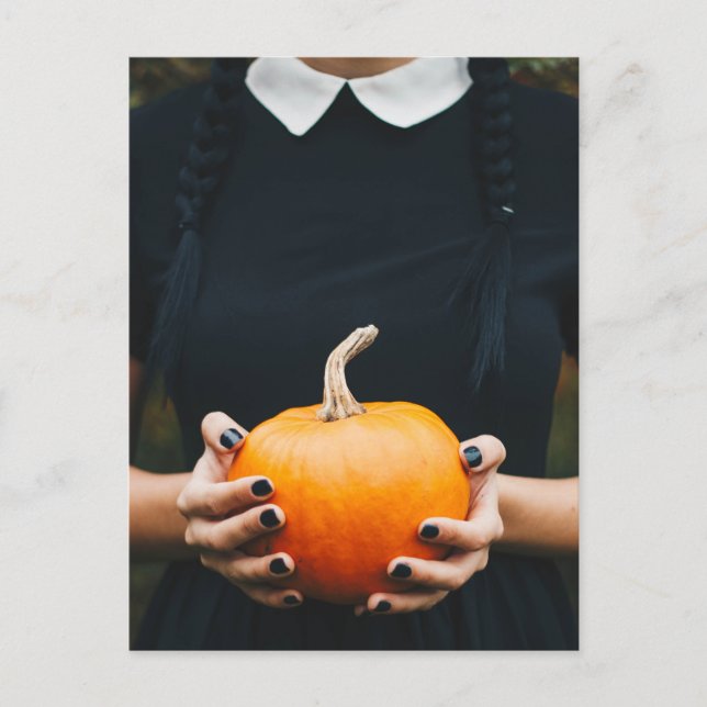 Halloween pumpkin's girl black dress holiday postcard (Front)