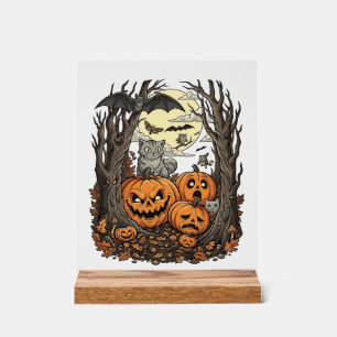 Halloween Pumpkins Grey Cat Bat Full Moon Woods Acrylic Sign