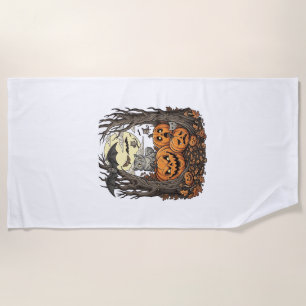 Halloween Pumpkins Grey Cat Bat Full Moon Woods Beach Towel