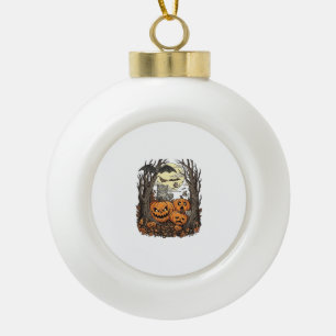 Halloween Pumpkins Grey Cat Bat Full Moon Woods Ceramic Ball Christmas Ornament