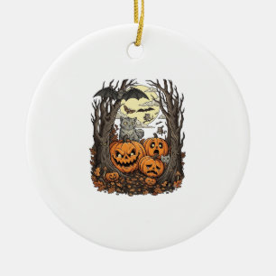 Halloween Pumpkins Grey Cat Bat Full Moon Woods Ceramic Tree Decoration