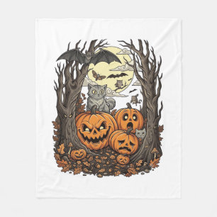 Halloween Pumpkins Grey Cat Bat Full Moon Woods Fleece Blanket