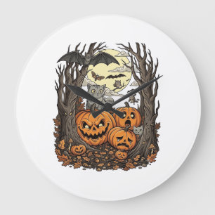 Halloween Pumpkins Grey Cat Bat Full Moon Woods Large Clock