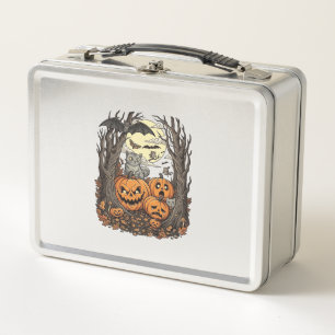 Halloween Pumpkins Grey Cat Bat Full Moon Woods Metal Lunch Box