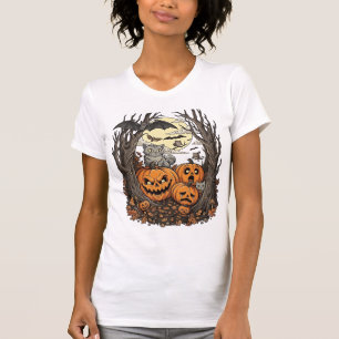 Halloween Pumpkins Grey Cat Bat Full Moon Woods T-Shirt