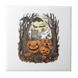 Halloween Pumpkins Grey Cat Bat Full Moon Woods Tile